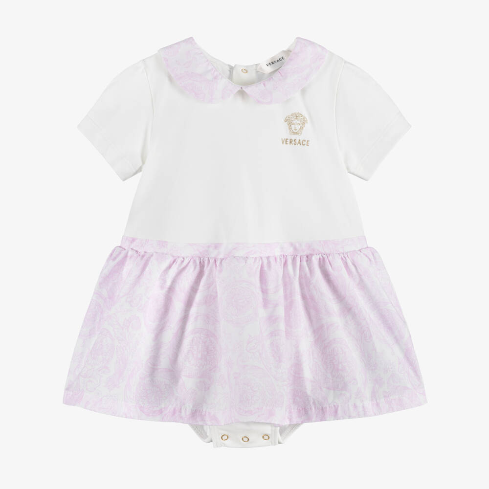 Versace-Baby Girls White & Pink Barocco Cotton Dress | Childrensalon