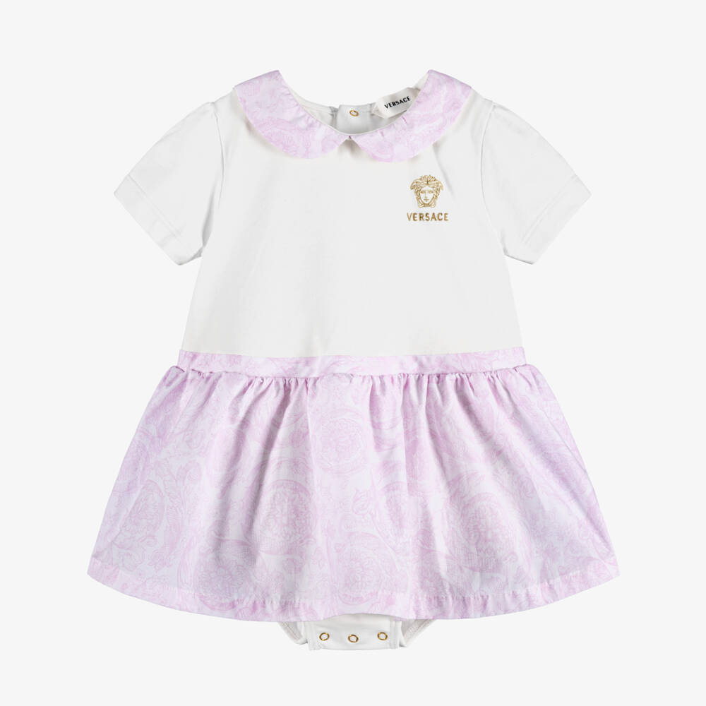 Versace-Baby Girls White & Pink Barocco Cotton Dress | Childrensalon