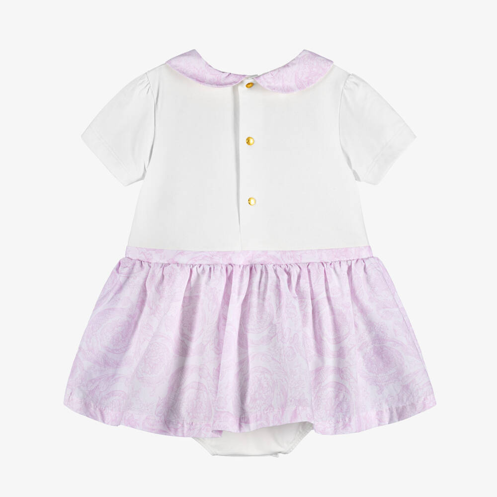 Versace-Baby Girls White & Pink Barocco Cotton Dress | Childrensalon