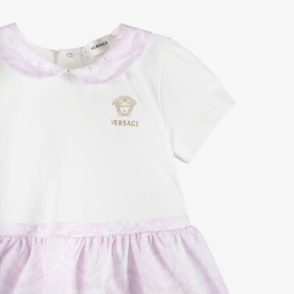 Versace-Baby Girls White & Pink Barocco Cotton Dress | Childrensalon