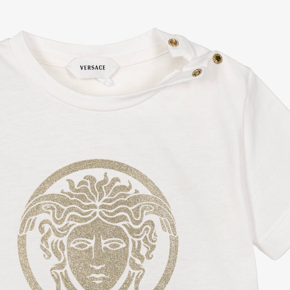 Versace-Baby Girls White T-Shirt with Gold Medusa | Childrensalon