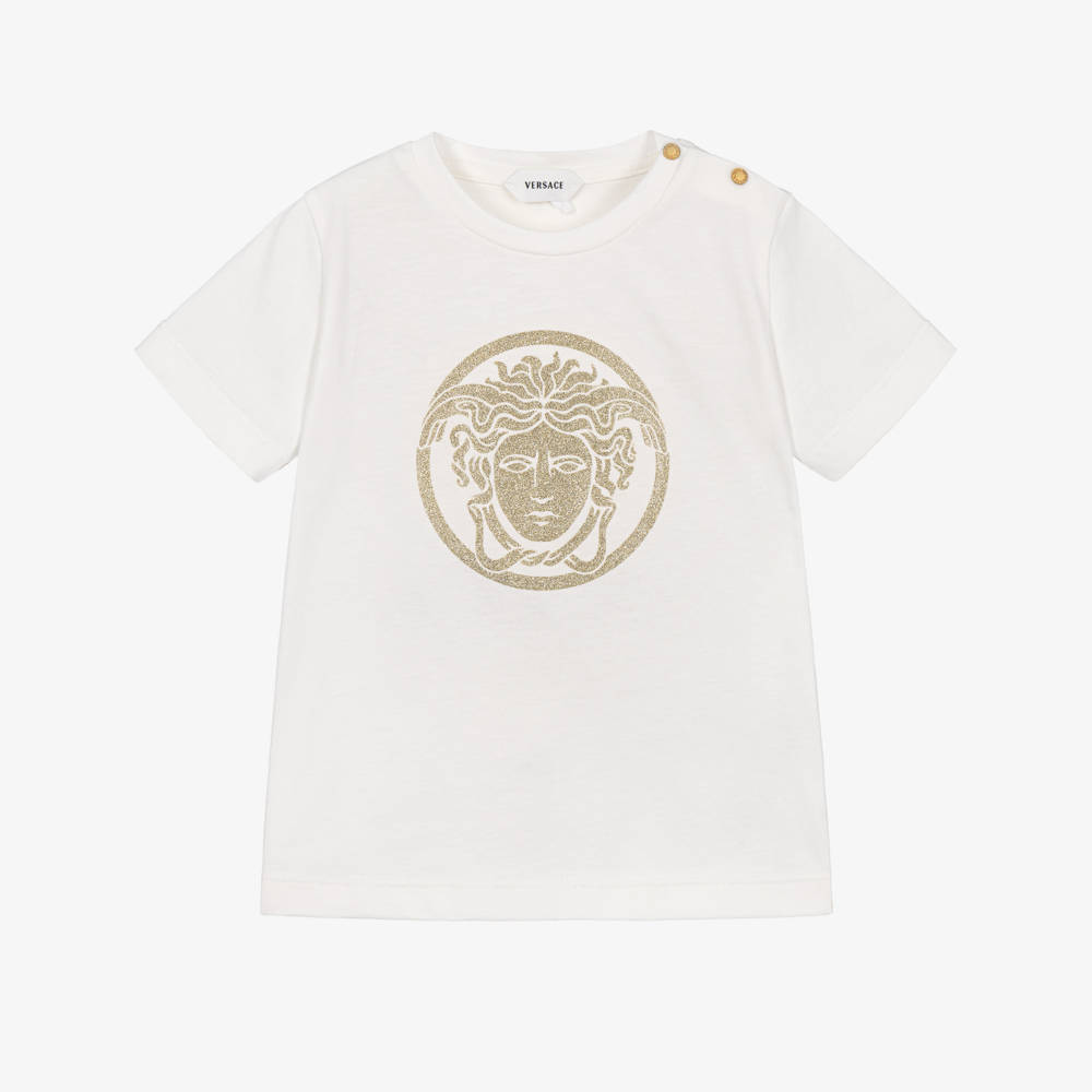 Versace-Baby Girls White T-Shirt with Gold Medusa | Childrensalon