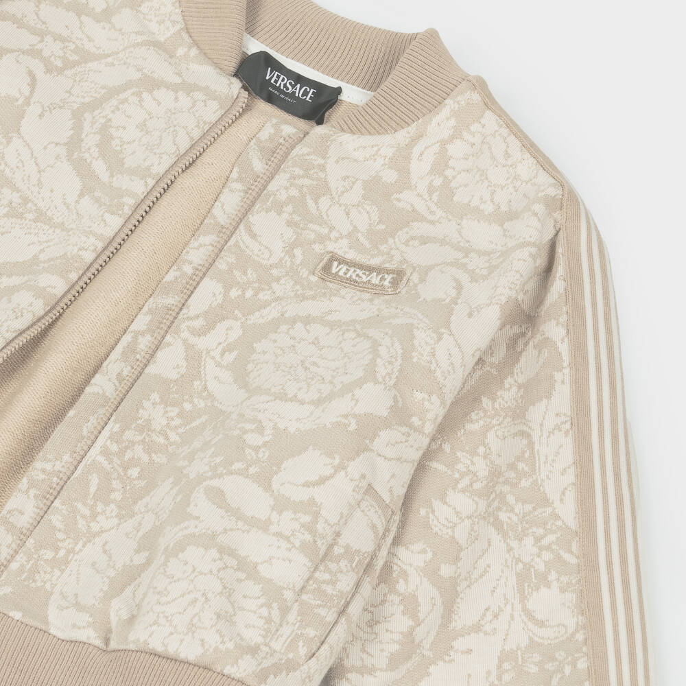 Versace-Beige Cotton Jacquard Whisper Barocco Zip-Up Top | Childrensalon
