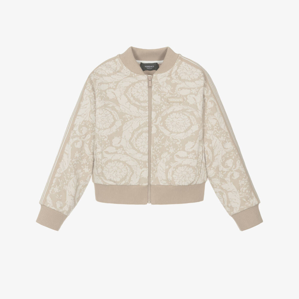 Versace-Beige Cotton Jacquard Whisper Barocco Zip-Up Top | Childrensalon