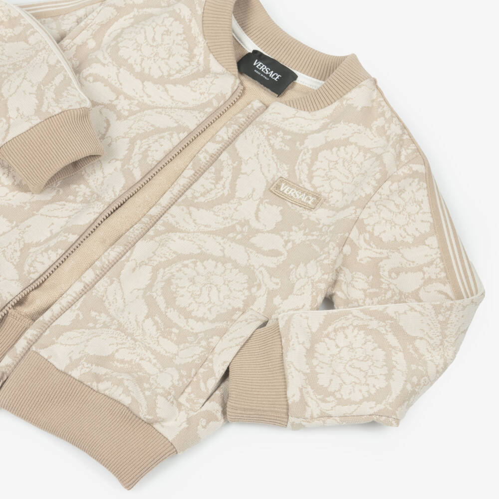 Versace-Beige Cotton Jersey Jacquard Whisper Barocco Junior Zip-Up Top | Childrensalon