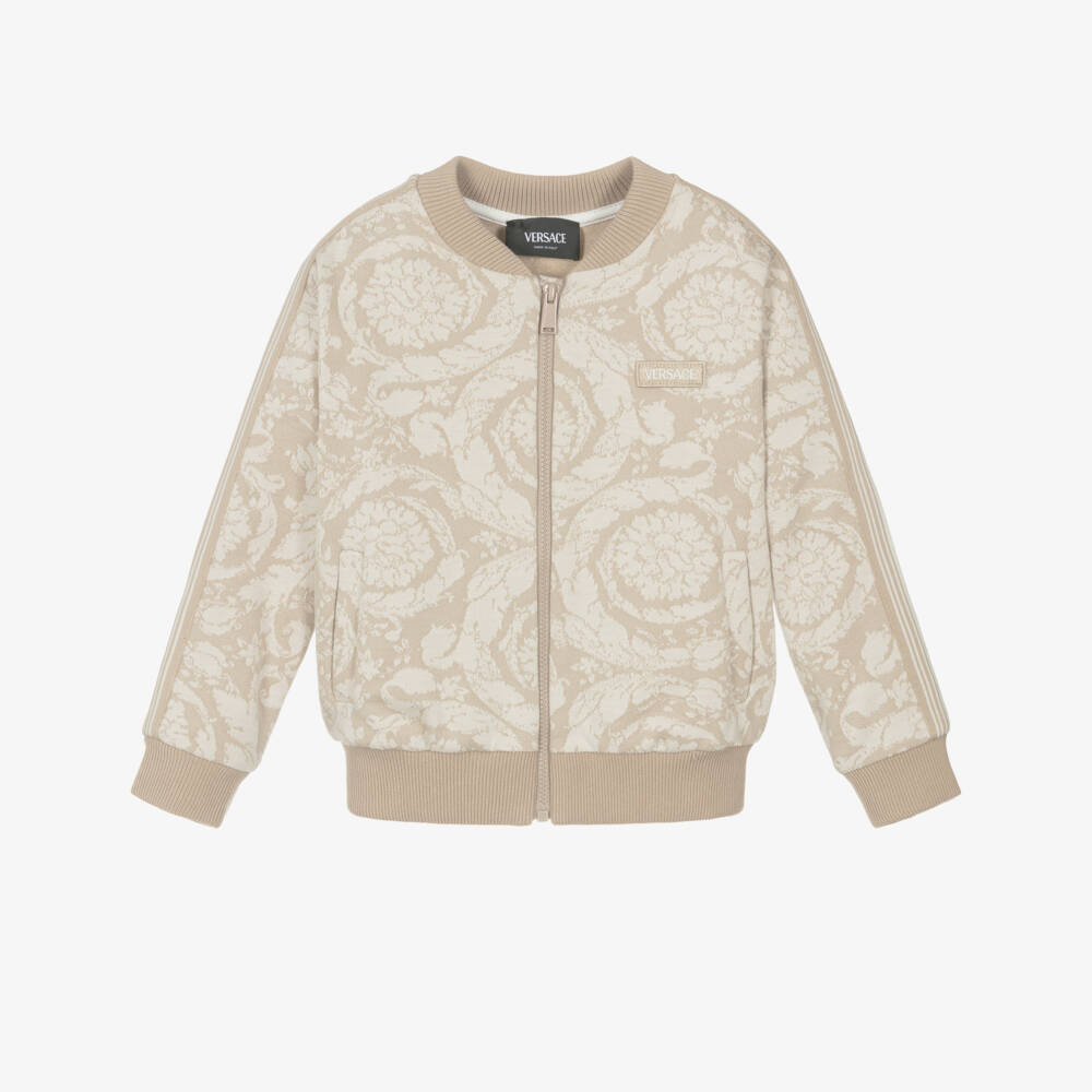 Versace-Beige Cotton Jersey Jacquard Whisper Barocco Junior Zip-Up Top | Childrensalon