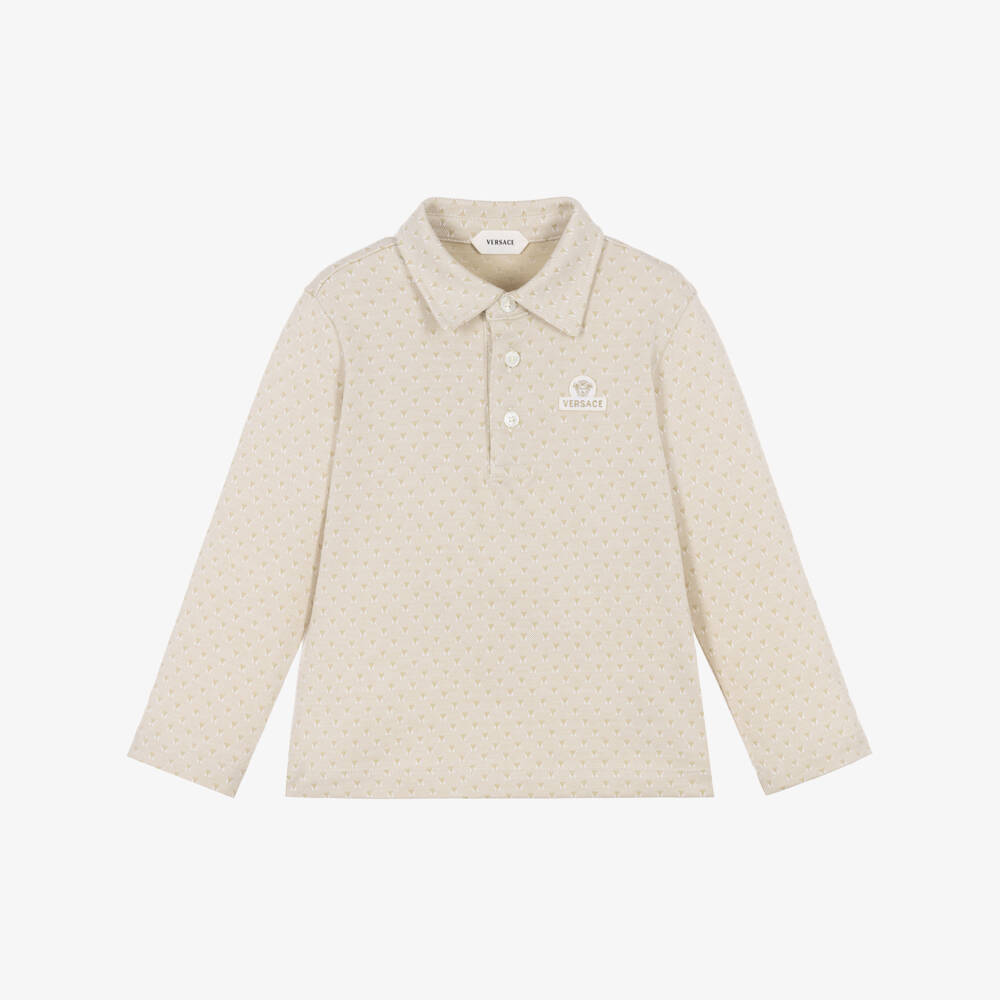 Versace-Beige Jacquard Cotton Piqué Baby Polo Top | Childrensalon