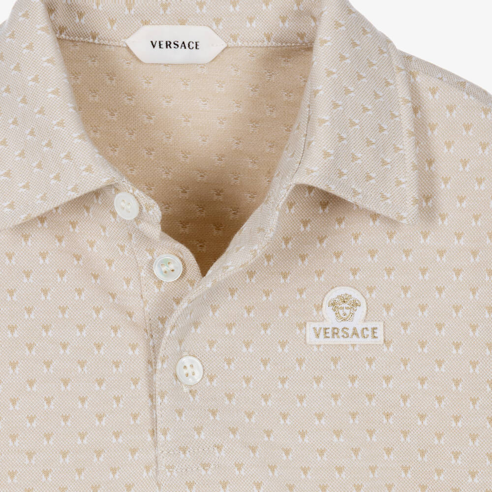 Versace-Beige Jacquard Cotton Piqué Polo Shirt | Childrensalon
