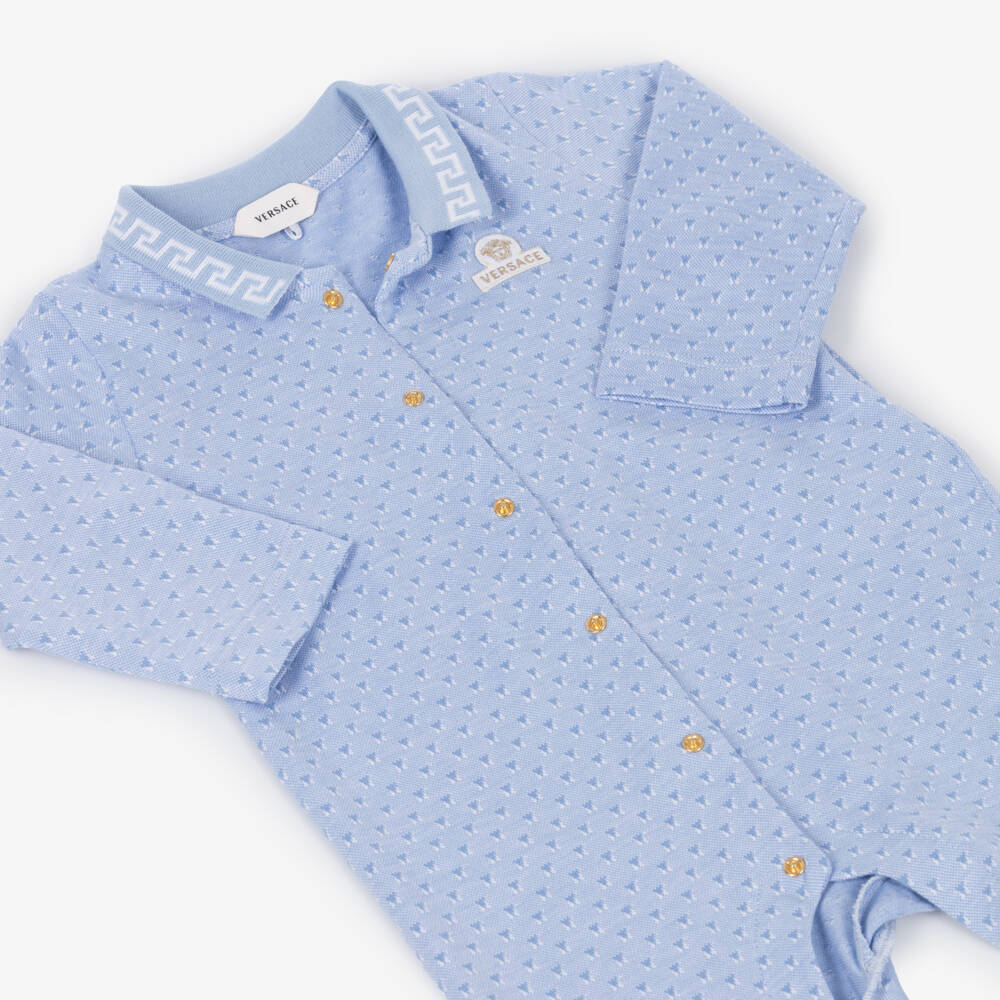 Versace-Blue Cotton Geometric Pattern Babygrow | Childrensalon