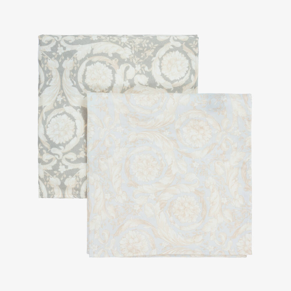 Versace-Blue & Grey Barocco Print Cotton Muslins (2 Pack) | Childrensalon