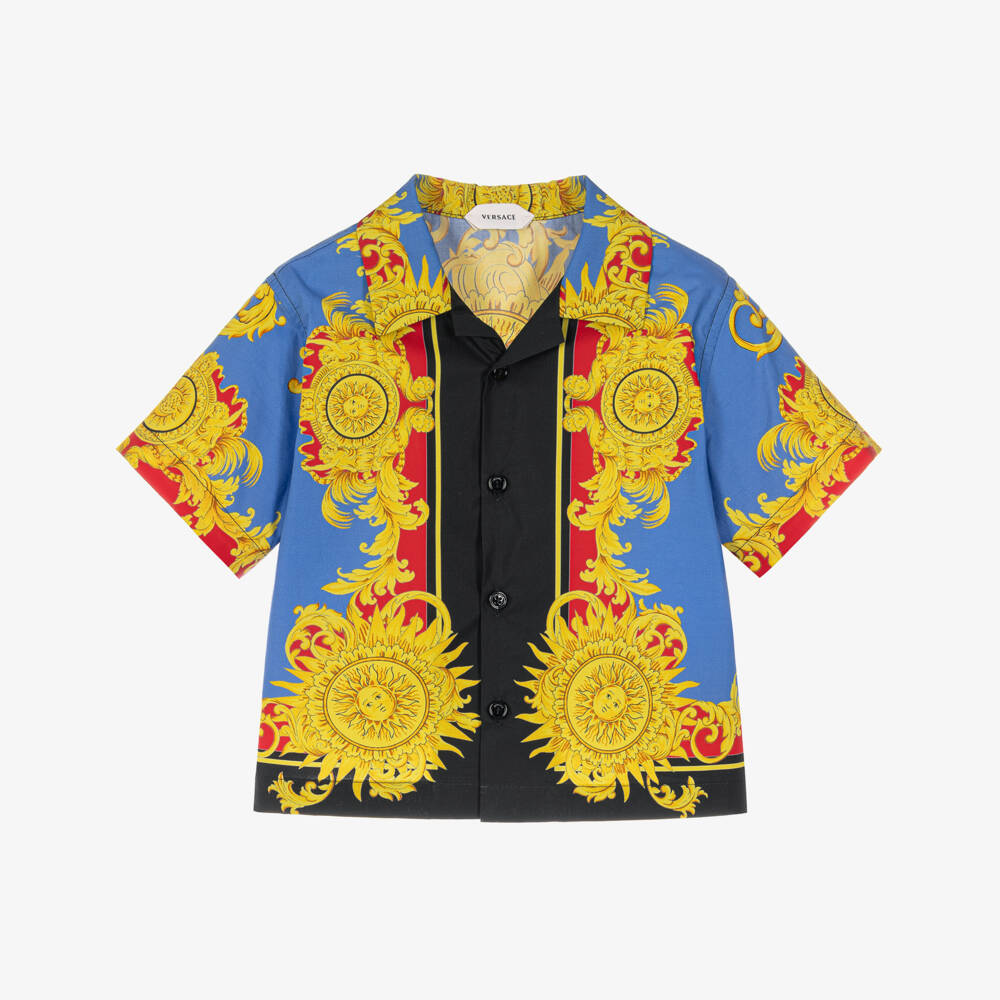 Versace-Blue & Yellow Sun Print Poplin Baby Shirt | Childrensalon