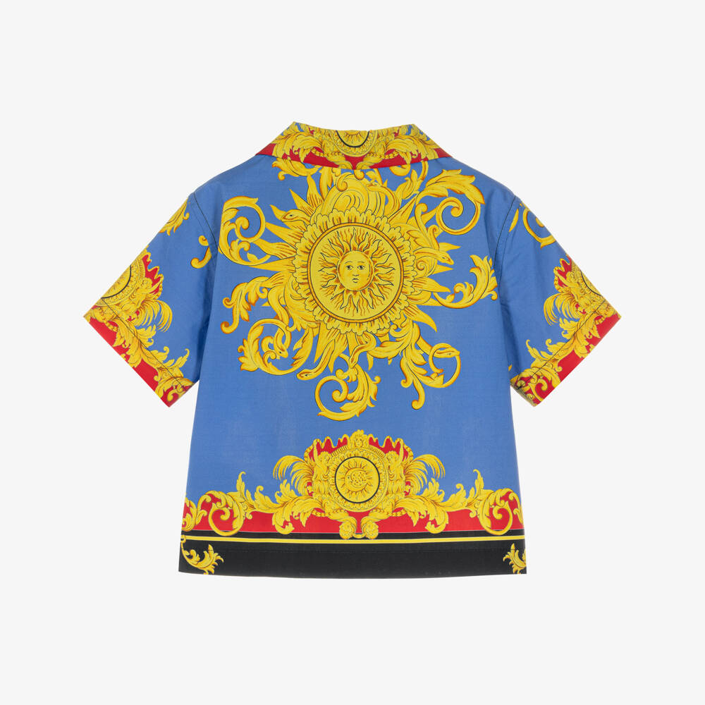 Versace-Blue & Yellow Sun Print Poplin Baby Shirt | Childrensalon