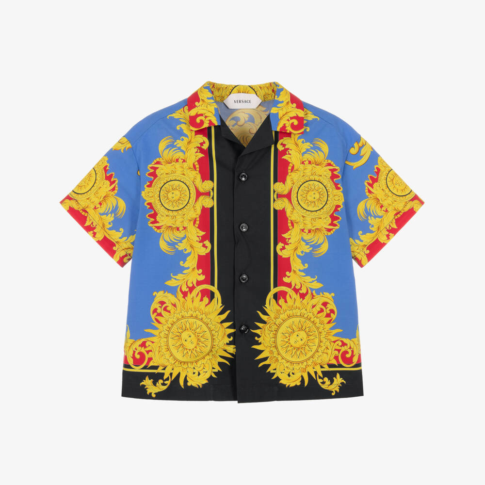 Versace-Blue & Yellow Sun Print Poplin Shirt | Childrensalon
