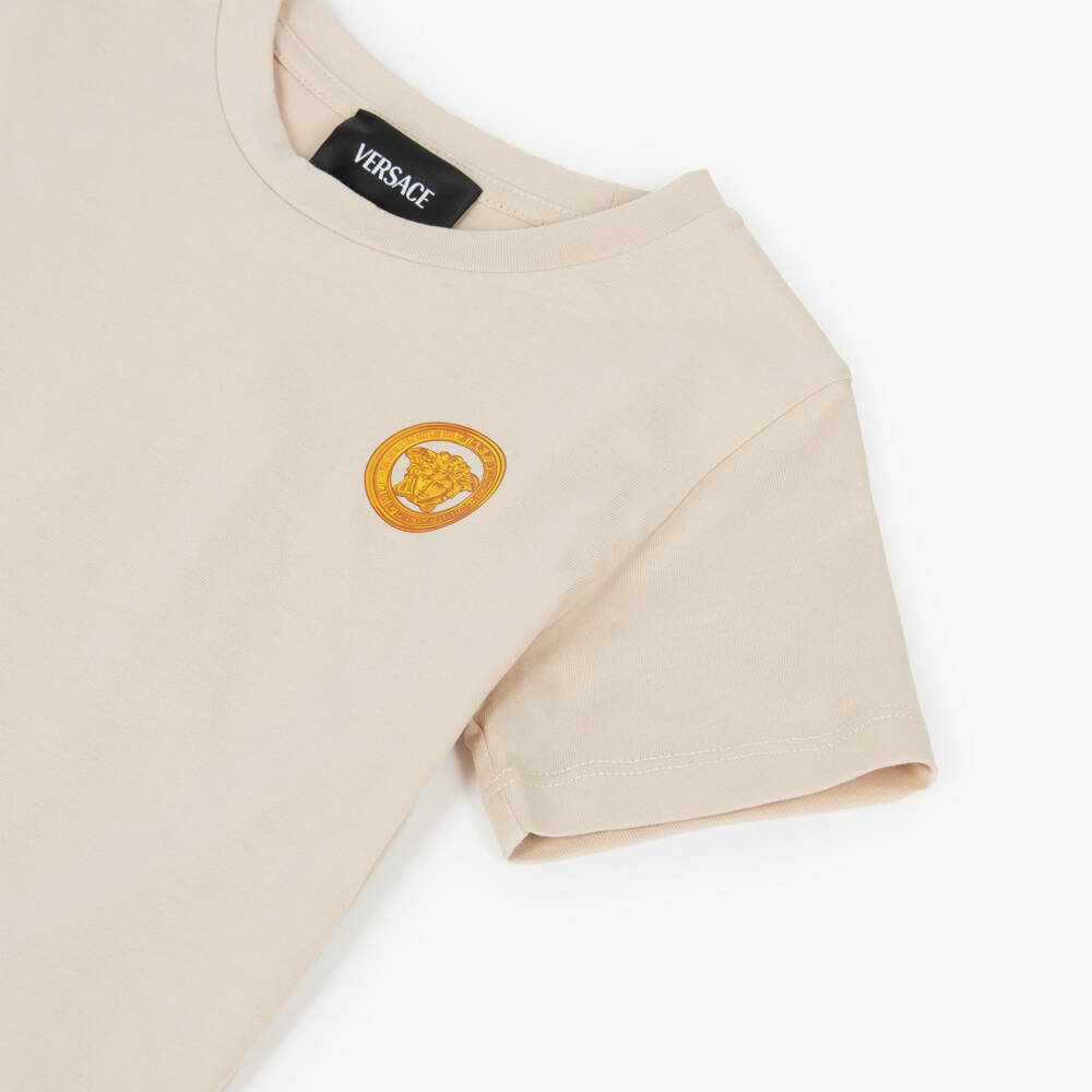 Versace-Boys Beige Cotton Jersey T-Shirt with Gold Medusa Logo Print | Childrensalon