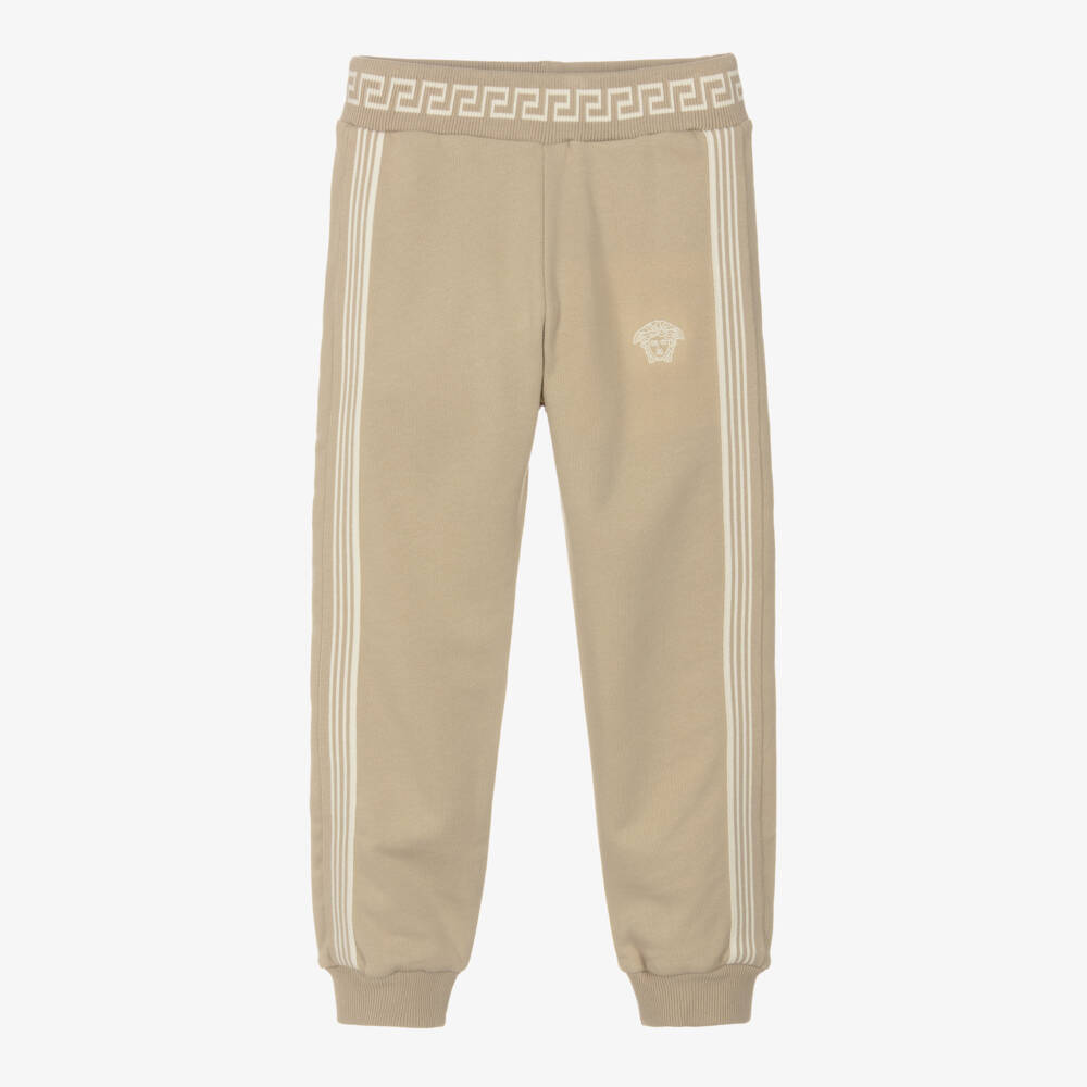 Versace-Boys Beige Cotton Joggers with Greca & Medusa Logos | Childrensalon