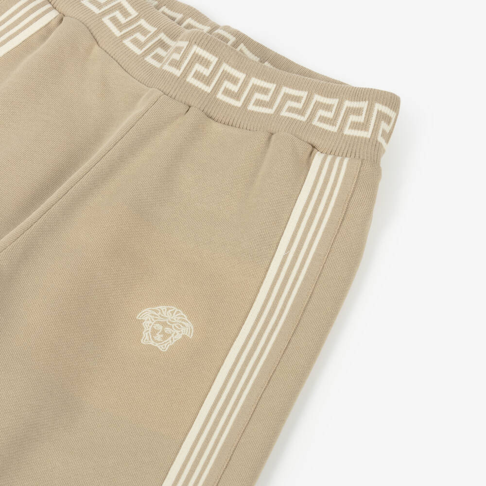Versace-Boys Beige Cotton Joggers with Greca & Medusa Logos | Childrensalon