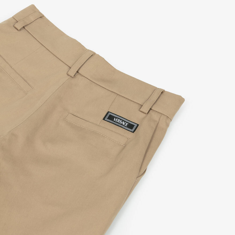 Versace-Boys Beige Cotton Logo Label Shorts  | Childrensalon