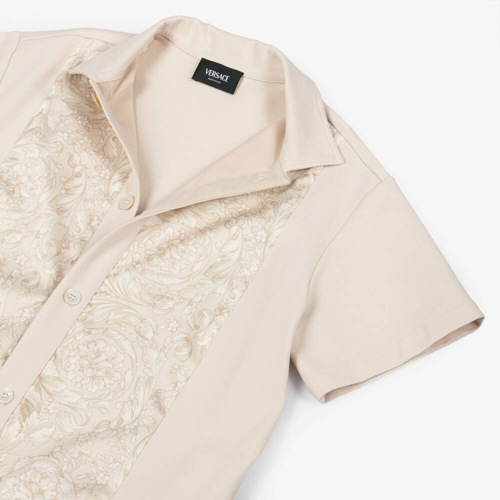 Versace-Boys Beige Jersey Shirt with Whisper Barocco Trims | Childrensalon