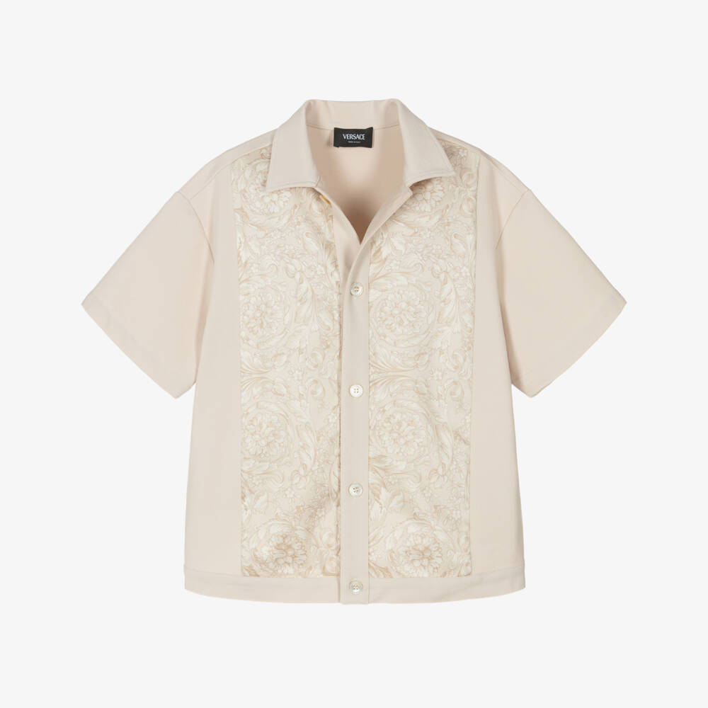 Versace-Boys Beige Jersey Shirt with Whisper Barocco Trims | Childrensalon