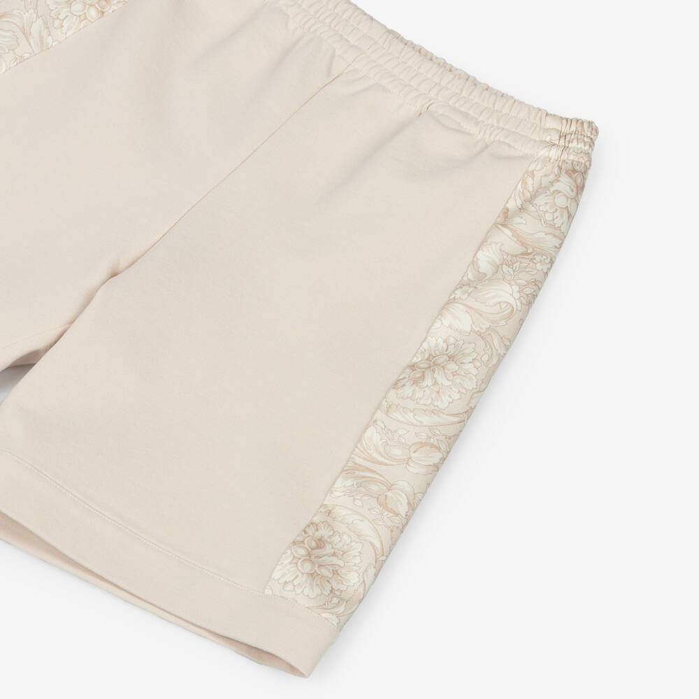 Versace-Boys Beige Jersey Shorts with Whisper Barocco Trims | Childrensalon