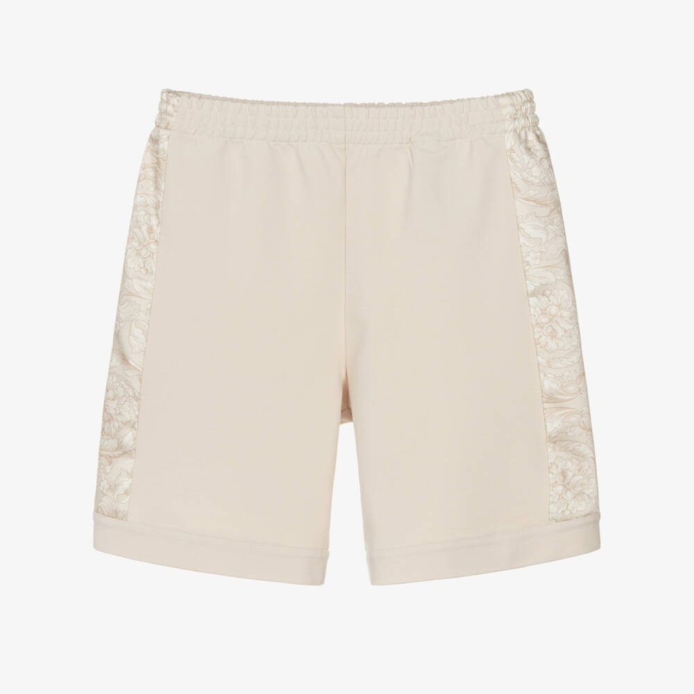 Versace-Boys Beige Jersey Shorts with Whisper Barocco Trims | Childrensalon