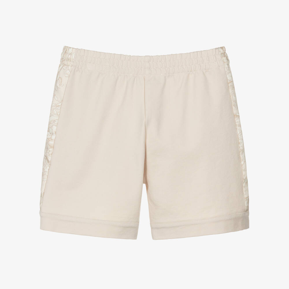 Versace-Boys Beige Jersey Shorts with Whisper Barocco Trims | Childrensalon
