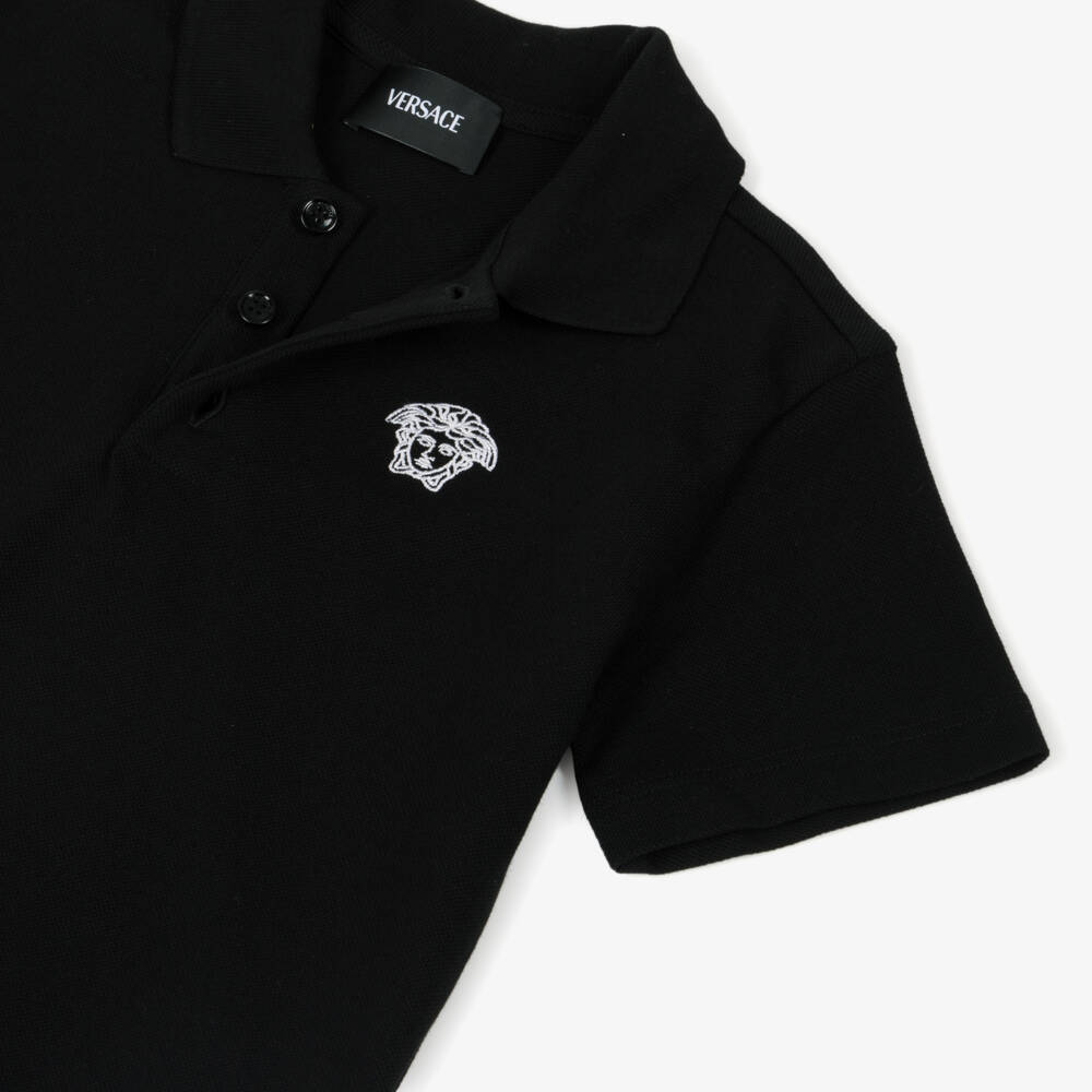 Versace-Boys Black Cotton Piqué Polo Shirt with Embroidered Medusa Logo | Childrensalon
