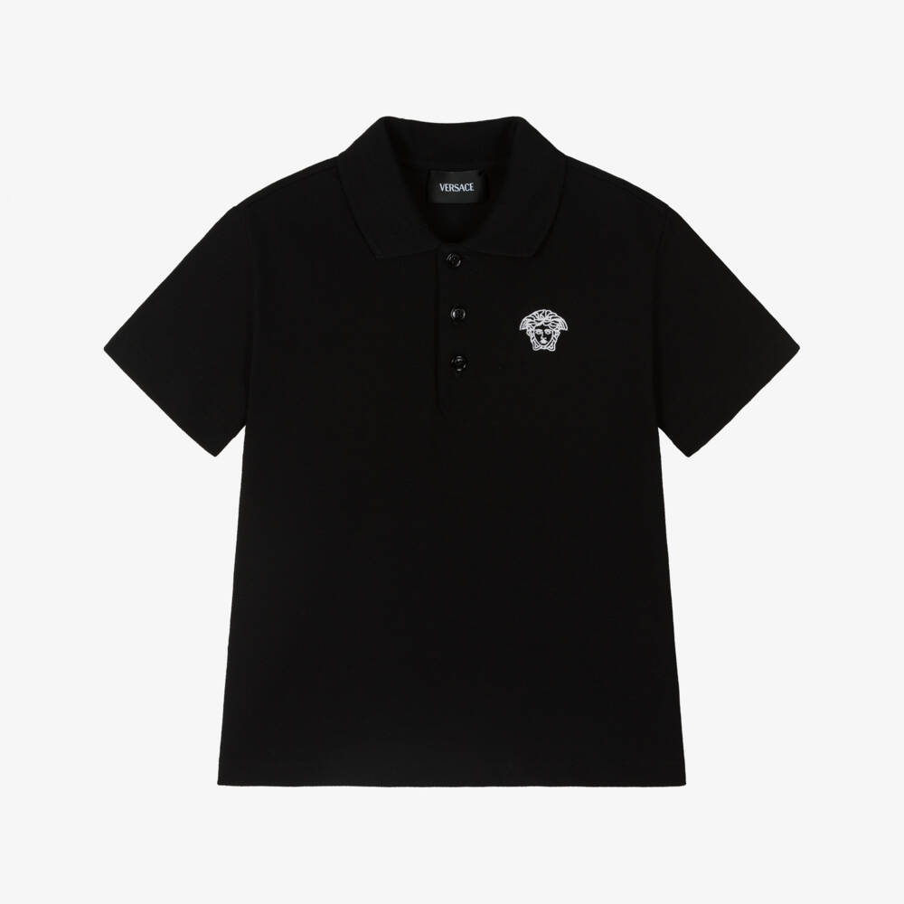 Versace-Boys Black Cotton Piqué Polo Shirt with Embroidered Medusa Logo | Childrensalon