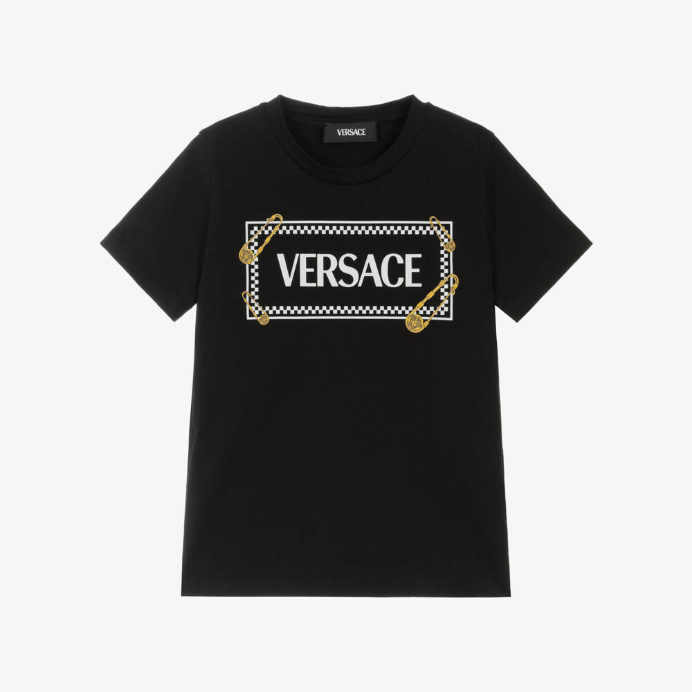Versace-Boys Black Cotton Safety Pin Logo T-Shirt | Childrensalon