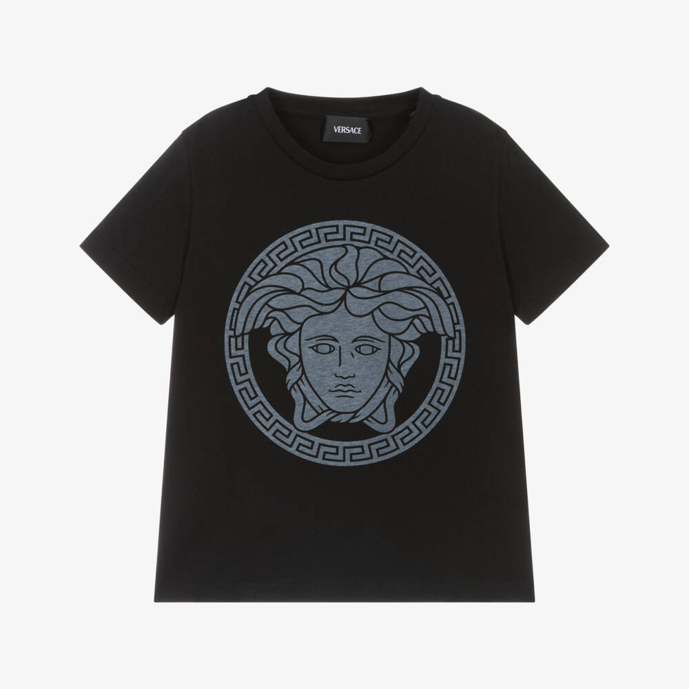 Versace-Boys Black Cotton T-Shirt with Medusa Motif | Childrensalon