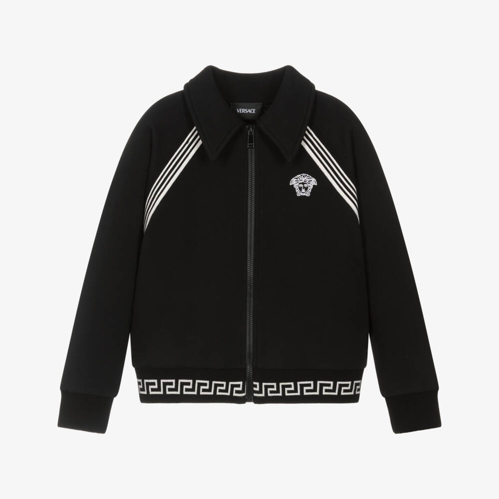 Versace-Boys Black Cotton Zip-Up Top with Medusa & Greca Logos | Childrensalon