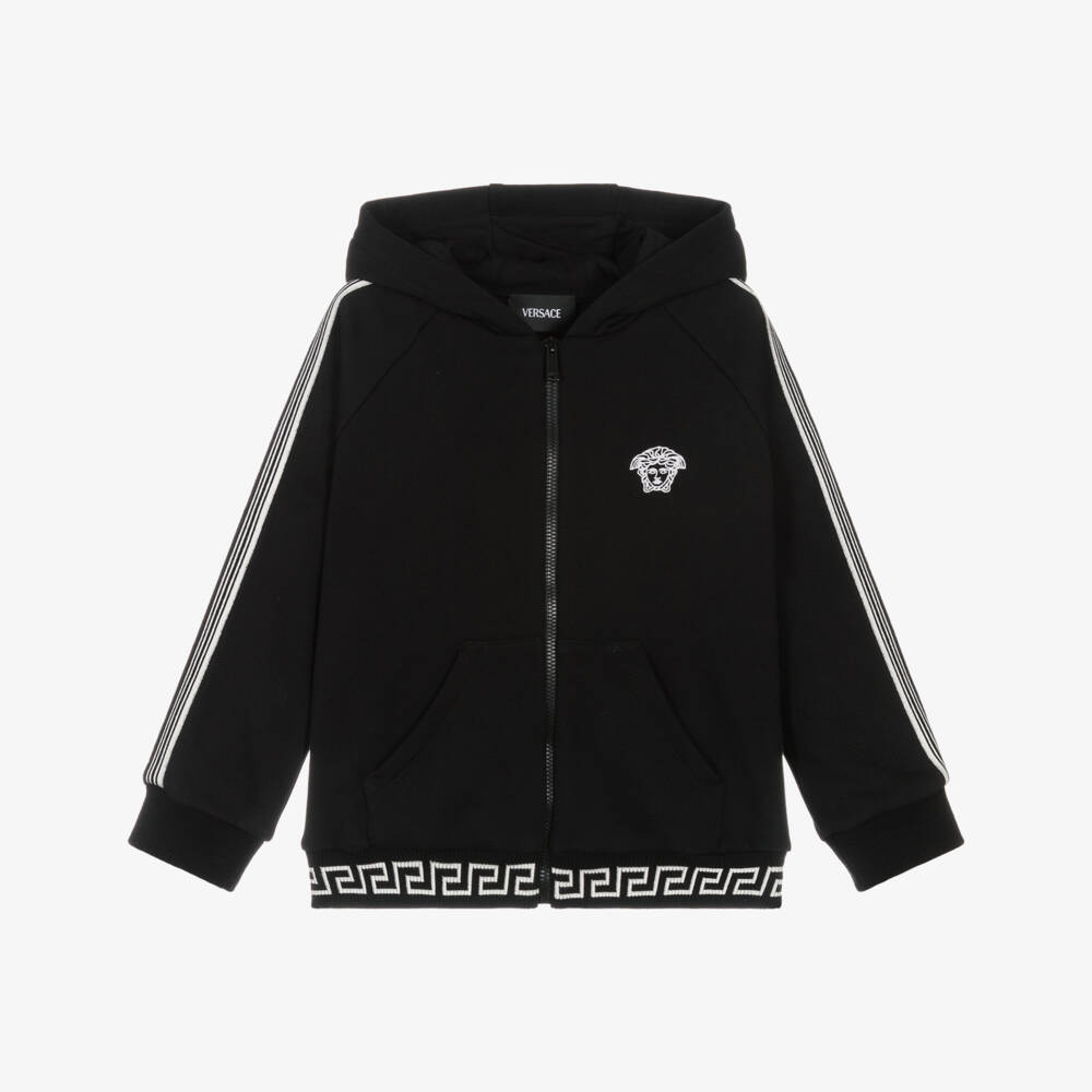 Versace-Boys Black Medusa Zip-Up Hoodie with Greca Waistband | Childrensalon