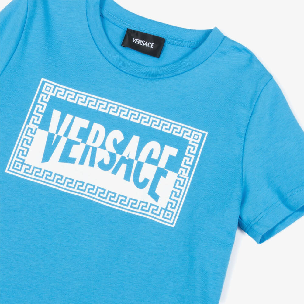 Versace-Boys Blue Cotton Contrast Logo T-Shirt | Childrensalon