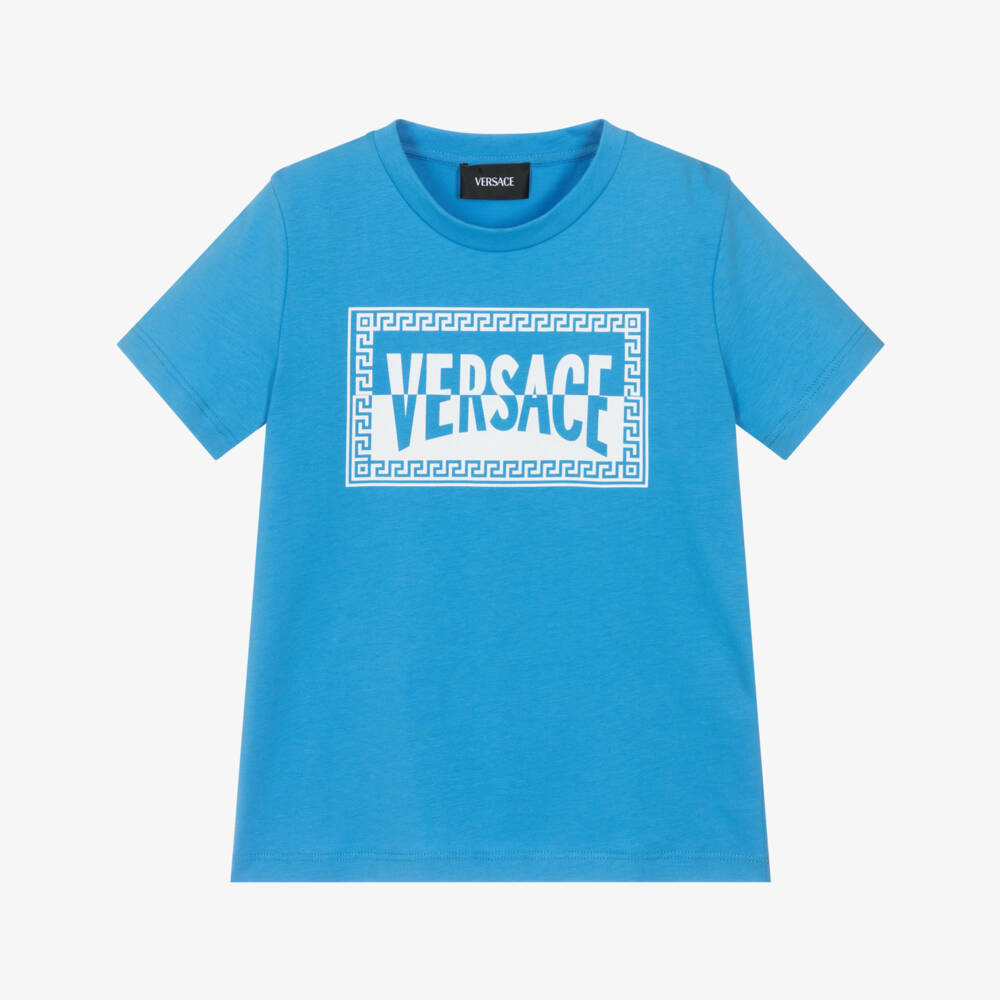 Versace-Boys Blue Cotton Contrast Logo T-Shirt | Childrensalon