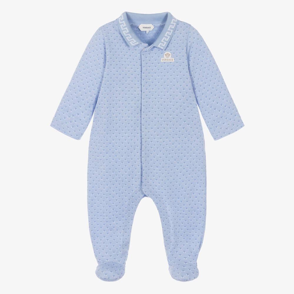 Versace-Boys Blue Cotton Geometric Pattern Babygrow  | Childrensalon