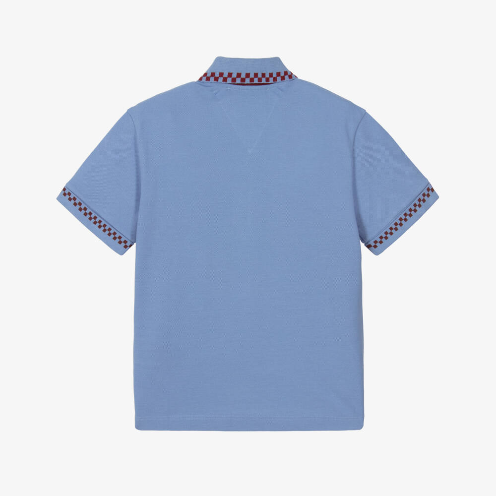 Versace-Синяя хлопковая рубашка поло с клетчатой отделкой для мальчиков | Childrensalon