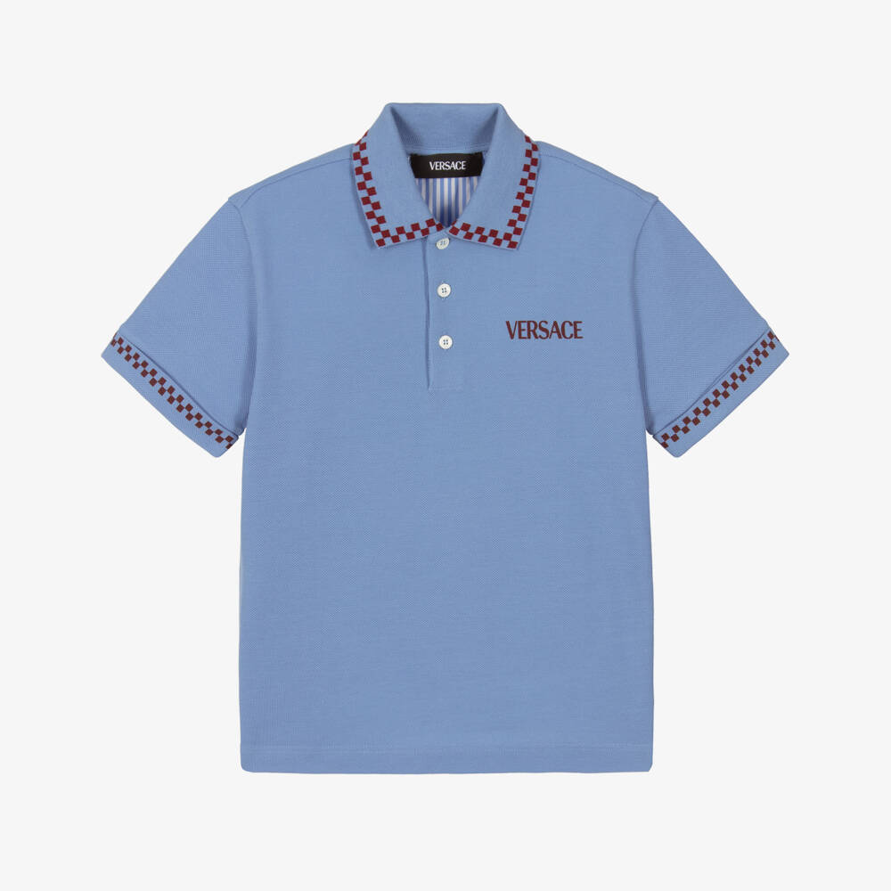 Versace-Синяя хлопковая рубашка поло с клетчатой отделкой для мальчиков | Childrensalon