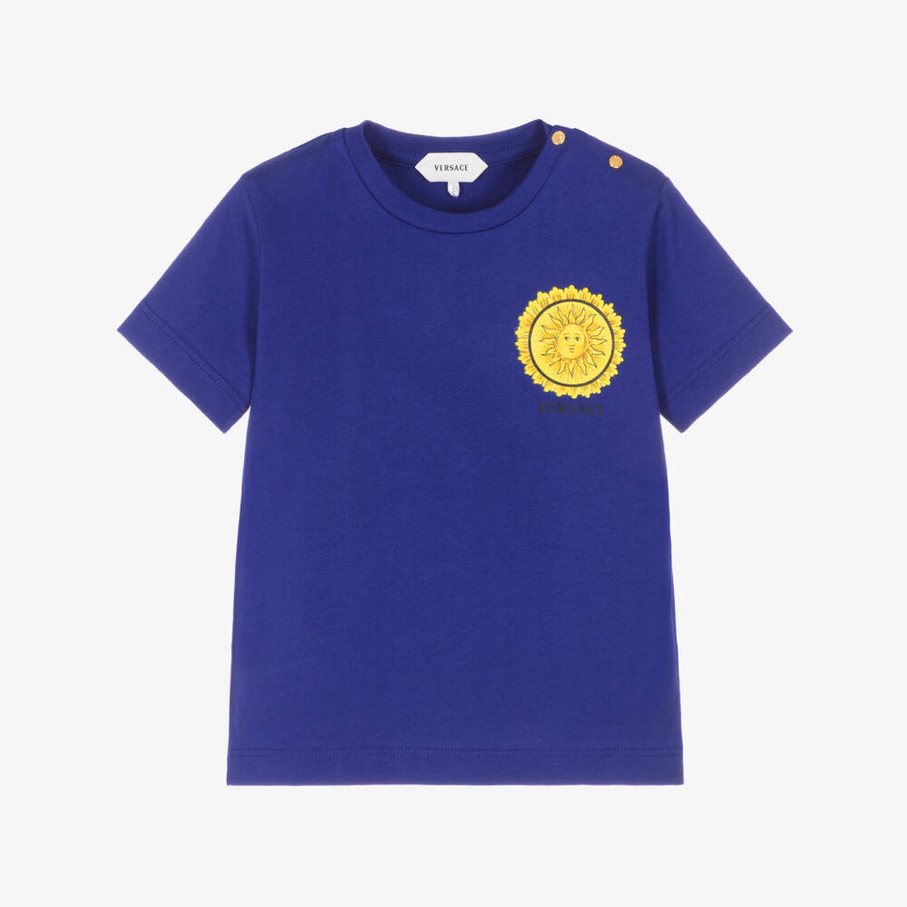 Versace-Boys Blue Cotton T-Shirt with Sun Motif | Childrensalon