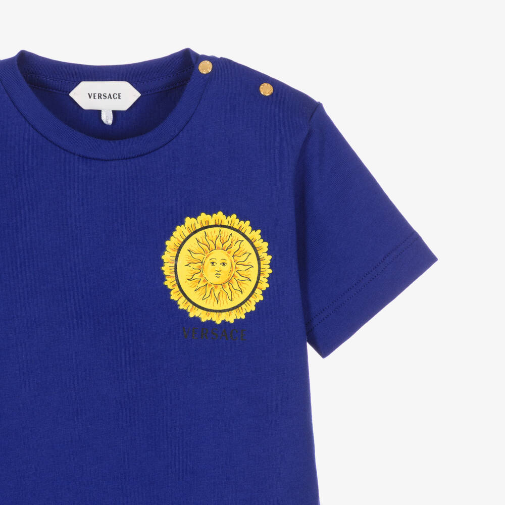 Versace-Boys Blue Cotton T-Shirt with Sun Motif | Childrensalon