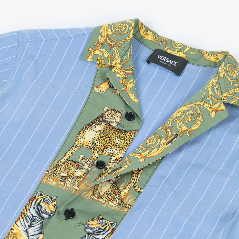 Versace-Boys Blue & Green Cotton Pinstripe Shirt with Wild Cats Print | Childrensalon