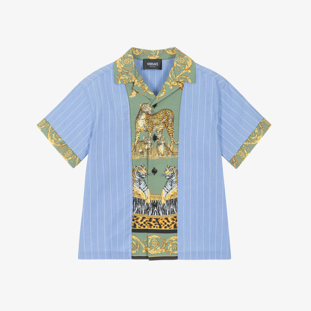 Versace-Boys Blue & Green Cotton Pinstripe Shirt with Wild Cats Print | Childrensalon