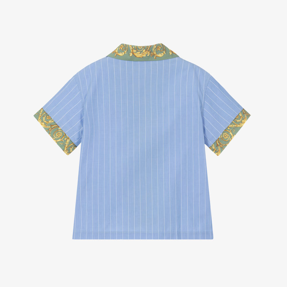 Versace-Boys Blue & Green Cotton Pinstripe Shirt with Wild Cats Print | Childrensalon