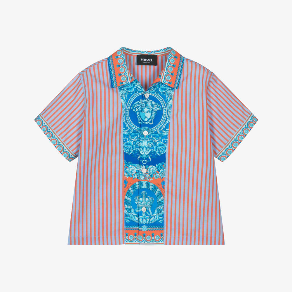 Versace-Boys Blue & Orange Electric Barocco Cotton Shirt | Childrensalon