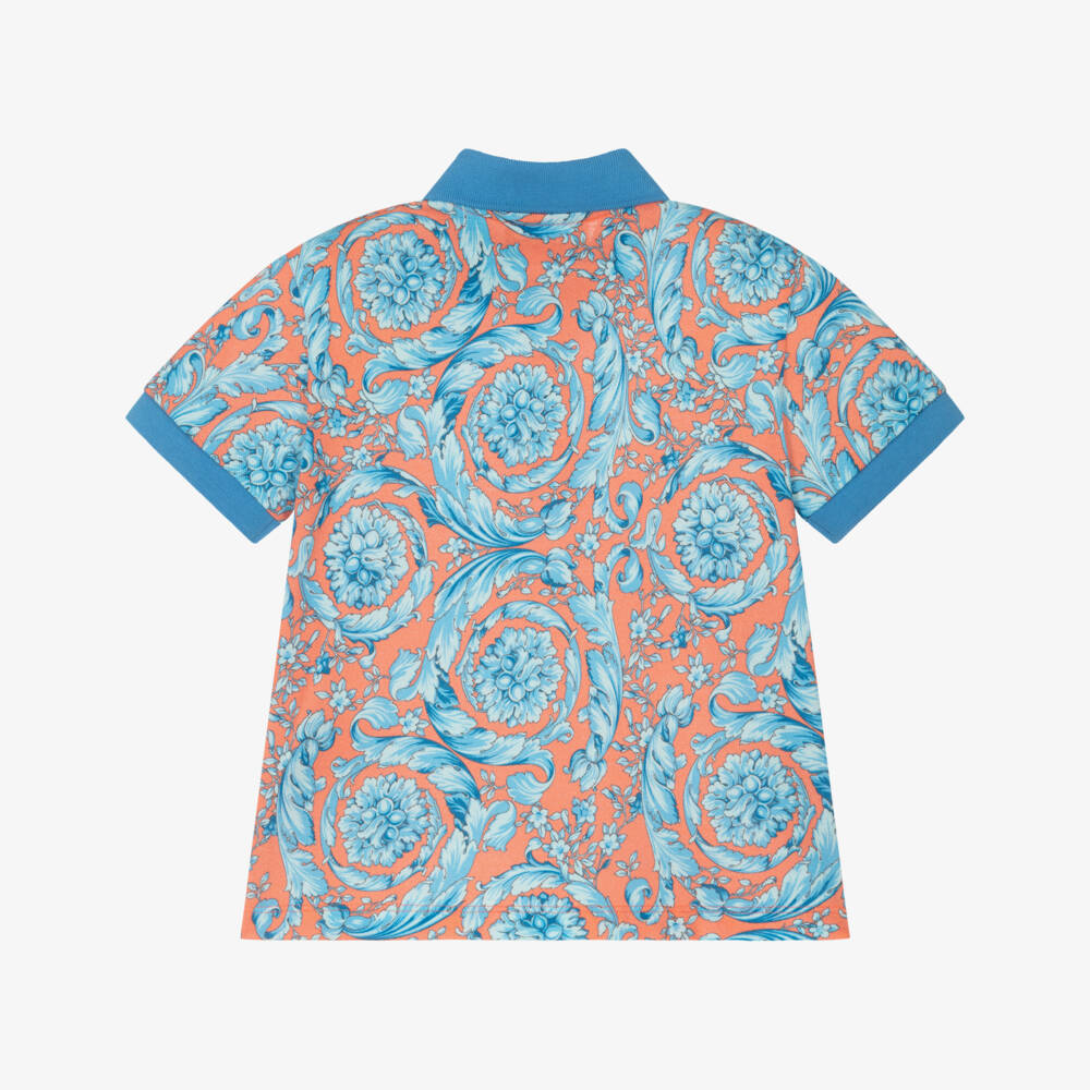 Versace-قميص بولو بطبعة باروكو بيكيه لون أزرق وبرتقالي للأولاد | Childrensalon