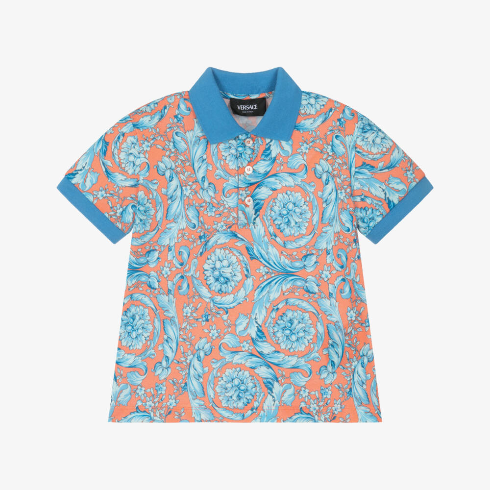 Versace-Boys Blue & Orange Piqué Barocco Polo Shirt | Childrensalon