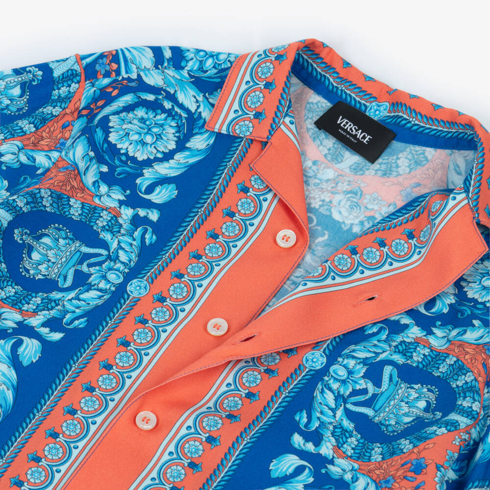Versace-Boys Blue & Orange Shirt with Barocco Print | Childrensalon