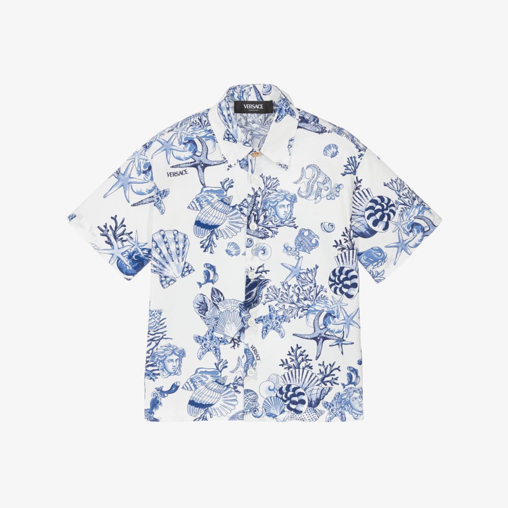 Versace-Boys Blue & White Cotton Coral Theatre Shirt | Childrensalon