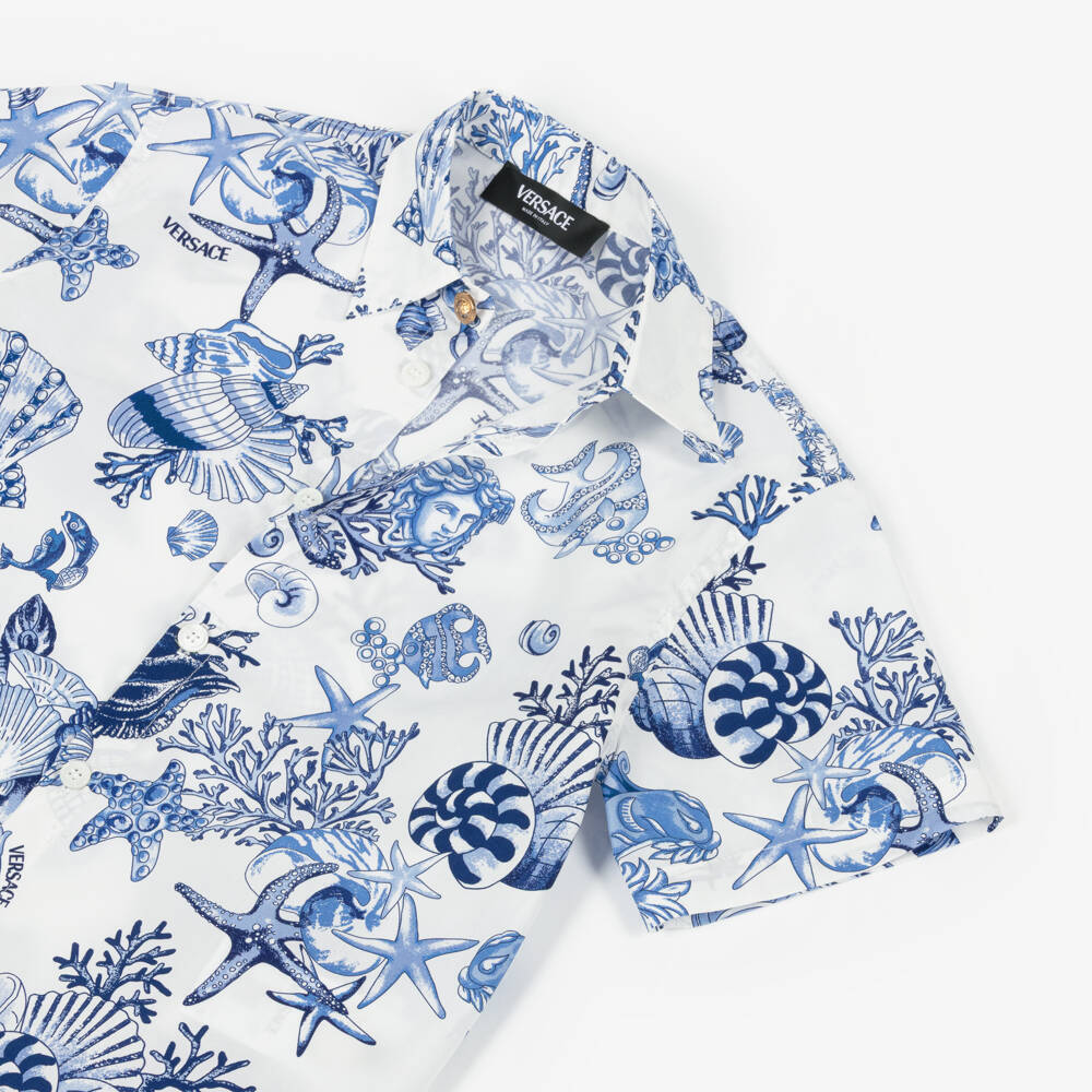 Versace-Boys Blue & White Cotton Coral Theatre Shirt | Childrensalon
