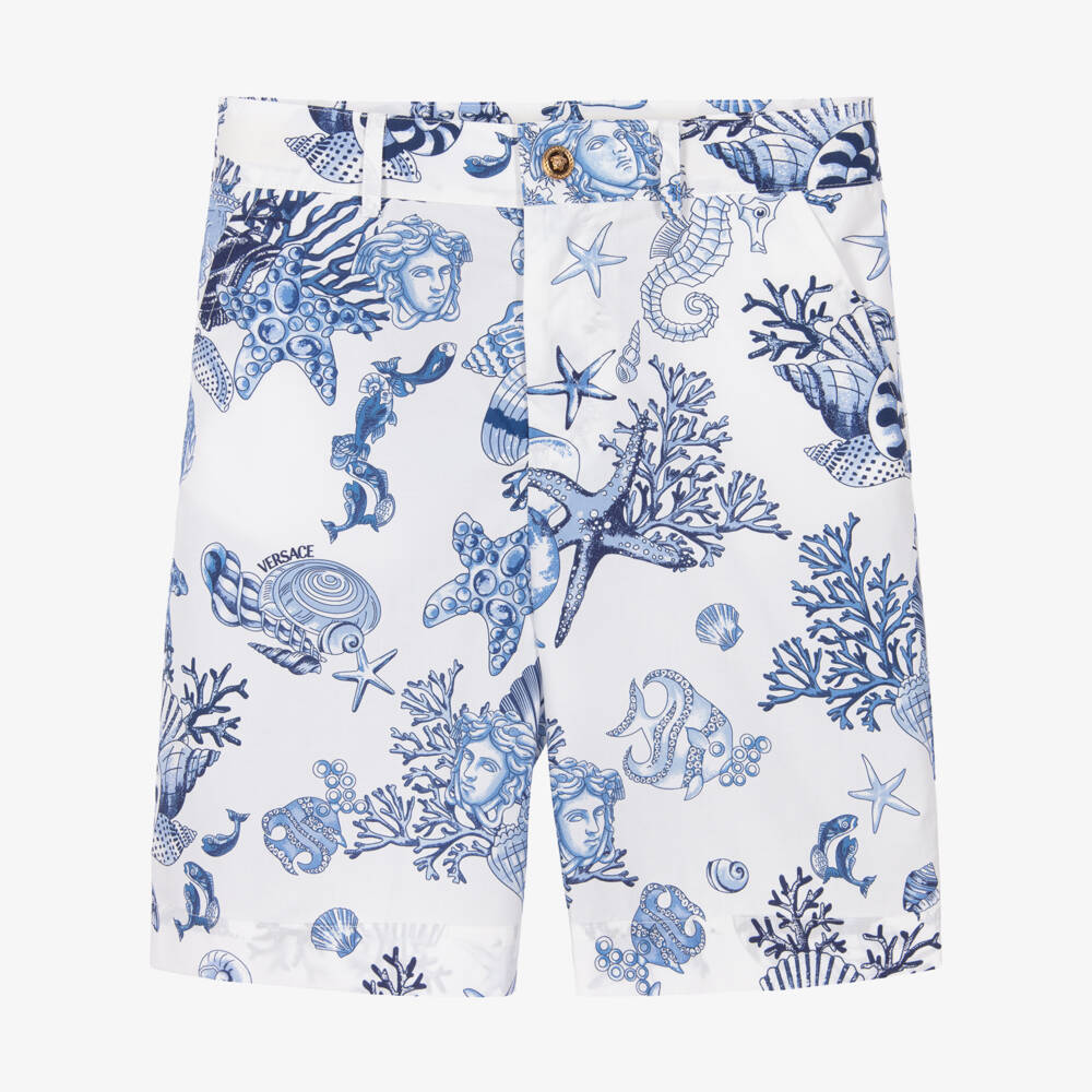 Versace-Шорты бело-синие из хлопка Coral Theatre для мальчиков | Childrensalon
