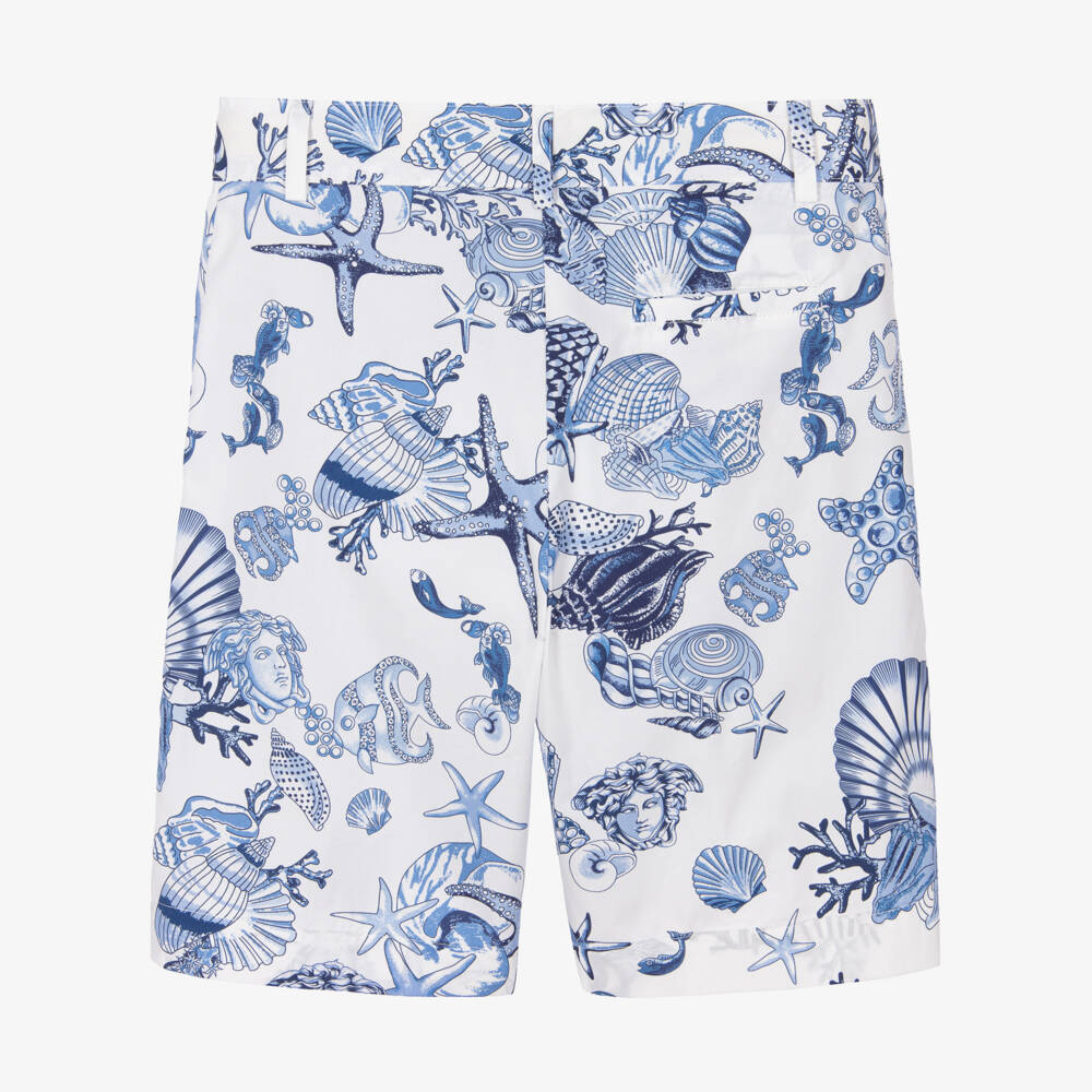 Versace-Шорты бело-синие из хлопка Coral Theatre для мальчиков | Childrensalon